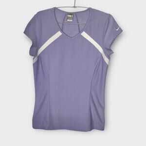 Nike Purple & White Athletic Fit Dry Fitted Cap Sleeve Running V-neck Top